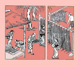 An 18th-century picture of the production of soba. The noodles are stretched with sticks and then dried.