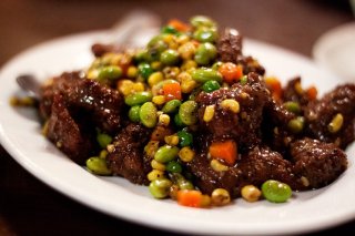 Black pepper beef with soy beans, corn, and carrots from New Hong Kong restaurant in Phoenix.