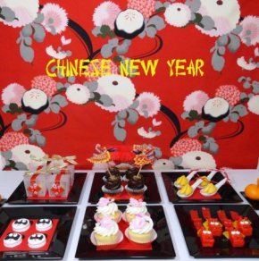 chinese new year desserts, chinese new year party, dragon cupcakes, dragon treats, panda cookies, cherry blossom cupcakes, fortune cookies, chinese takeout boxes, chinese desserts