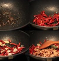 Fry Sichuan peppercorn firstly and then add chili peppers,  ginger and scallion. Return deep-fried chicken to stir fry.