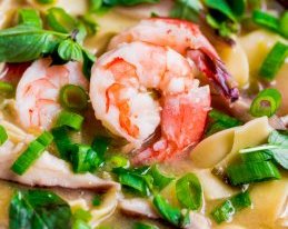 Simple and comforting Asian shrimp and noodle soup flavored with miso paste,  shiitake mushrooms,  and fresh ginger.