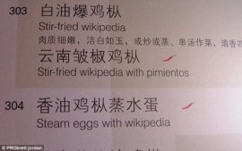 Wikipedia gone wrong: The first dish is 'stir fried termite mushrooms' while the second is 'termite mushrooms with chillies'. It's unclear how the word 'wikipedia' is included in the translation
